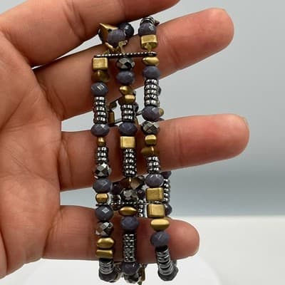 Vintage Multi Strand Beaded Bracelet Gray Faceted Beads Gold Silver Tone Wrap - Thumbnail 5