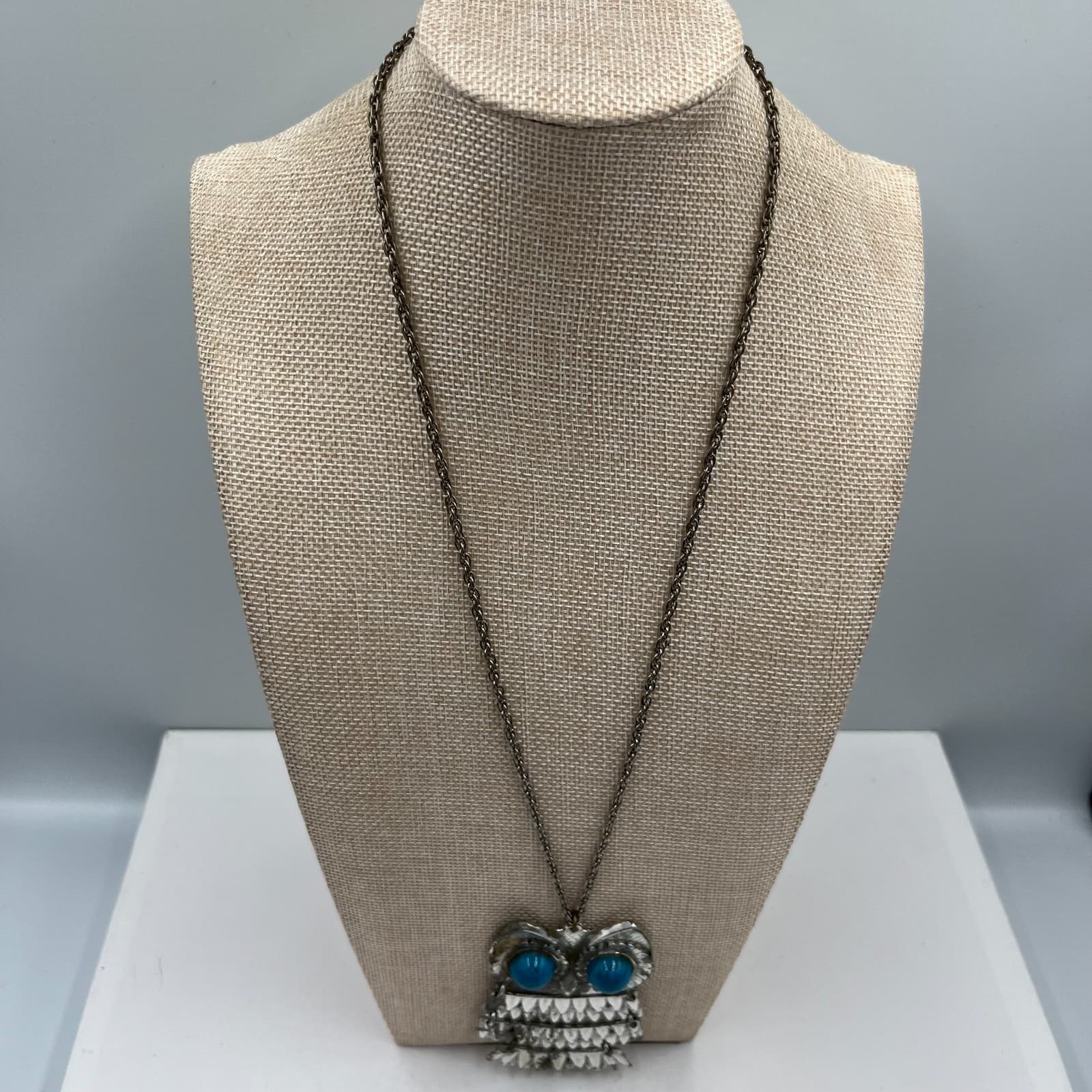 Vintage Articulated Owl Necklace 1970s Silver Tone Faux Turquoise Eyes Boho MCM - Thumbnail 5