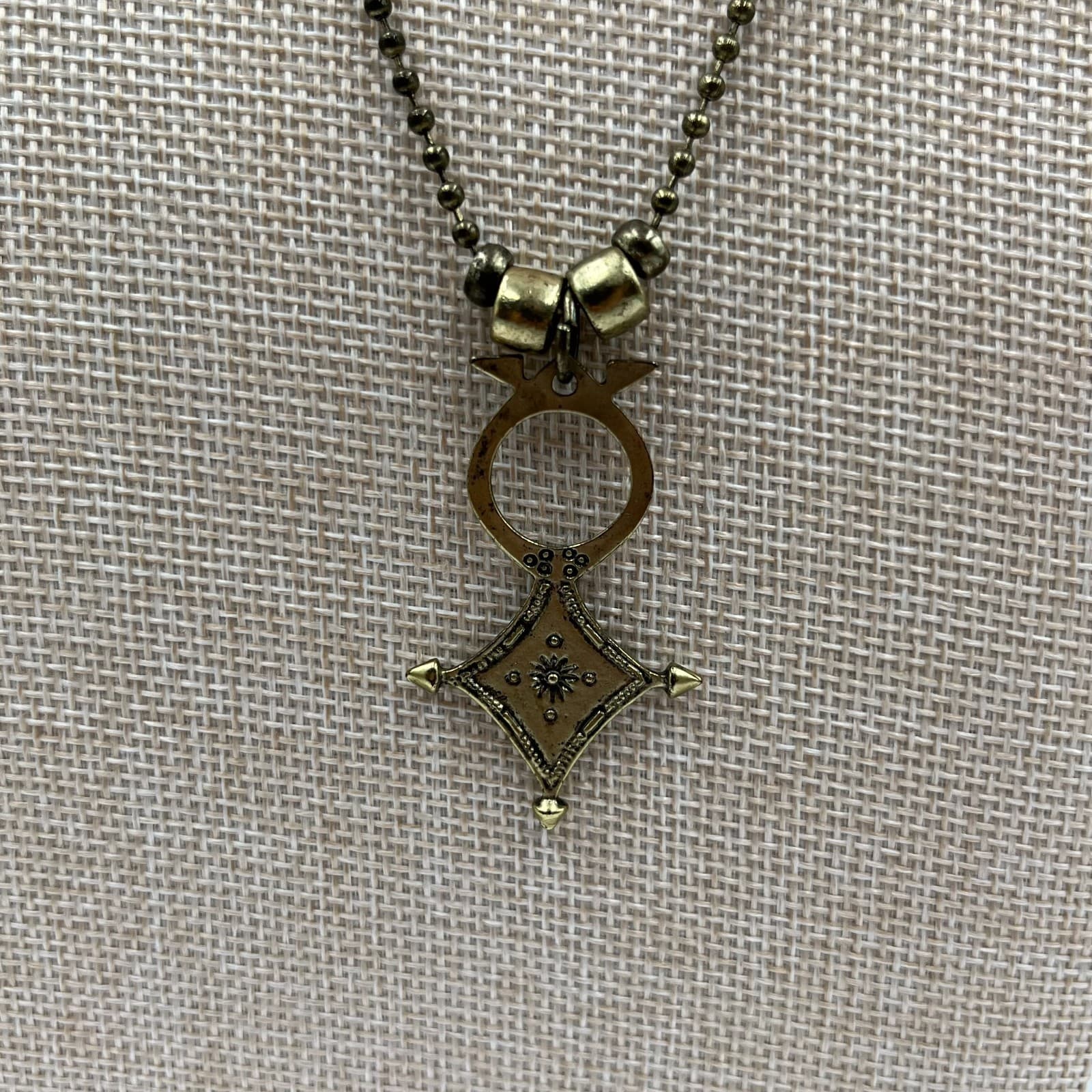 Vintage Brass Boho Tassel Necklace Tribal Geometric Pendant Long Ball Chain 70s - Thumbnail 4