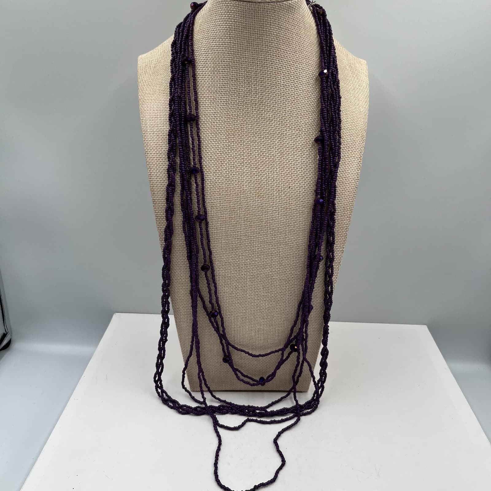 Vtg Purple Multi Strand Seed Bead Necklace Faceted Glass Accents Boho Statement - Image 1