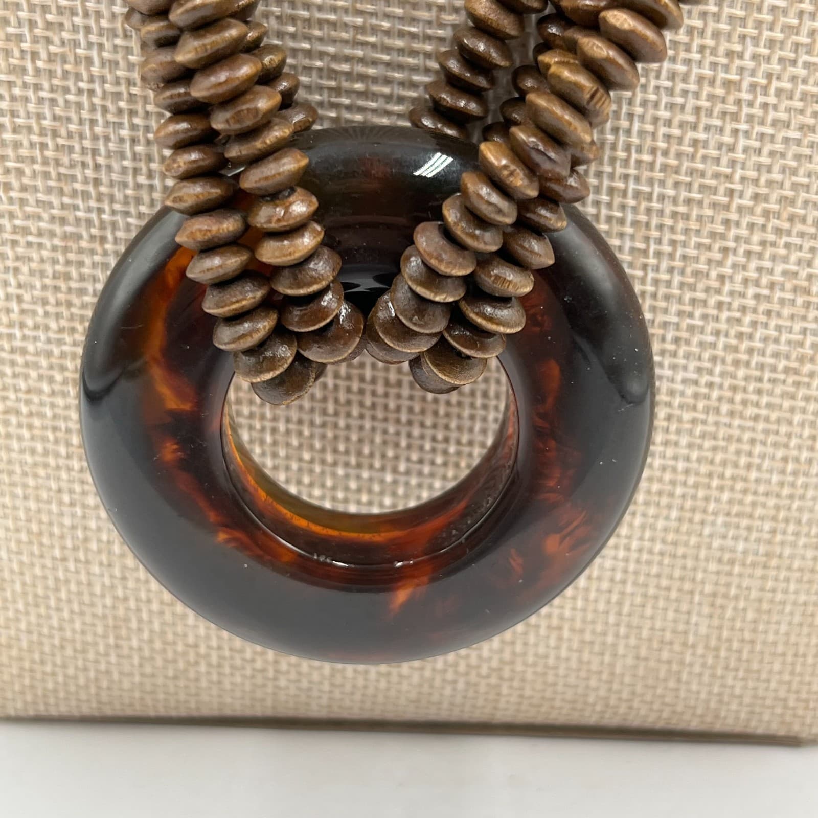 Vintage Wood Bead Necklace Multi Strand Boho Statement Resin Ring Pendant Brown - Thumbnail 3