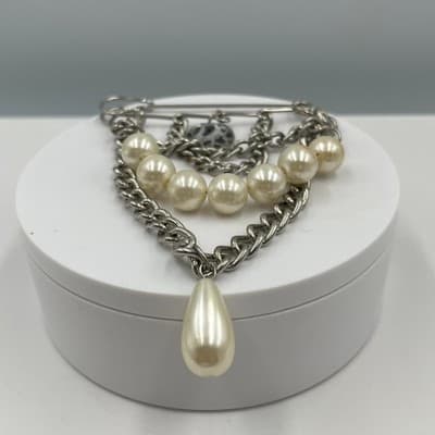Vintage Oversize Safety Pin Brooch Silver Tone Chain Faux Pearl Dangle Statement - Thumbnail 2