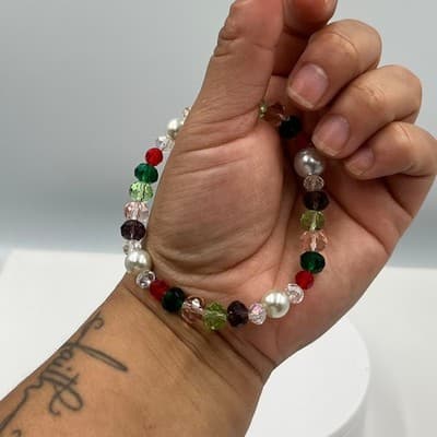 Vintage Multicolor Beads Stretch Bracelet Faux Pearl Glass Holiday Color Jewelry - Thumbnail 5