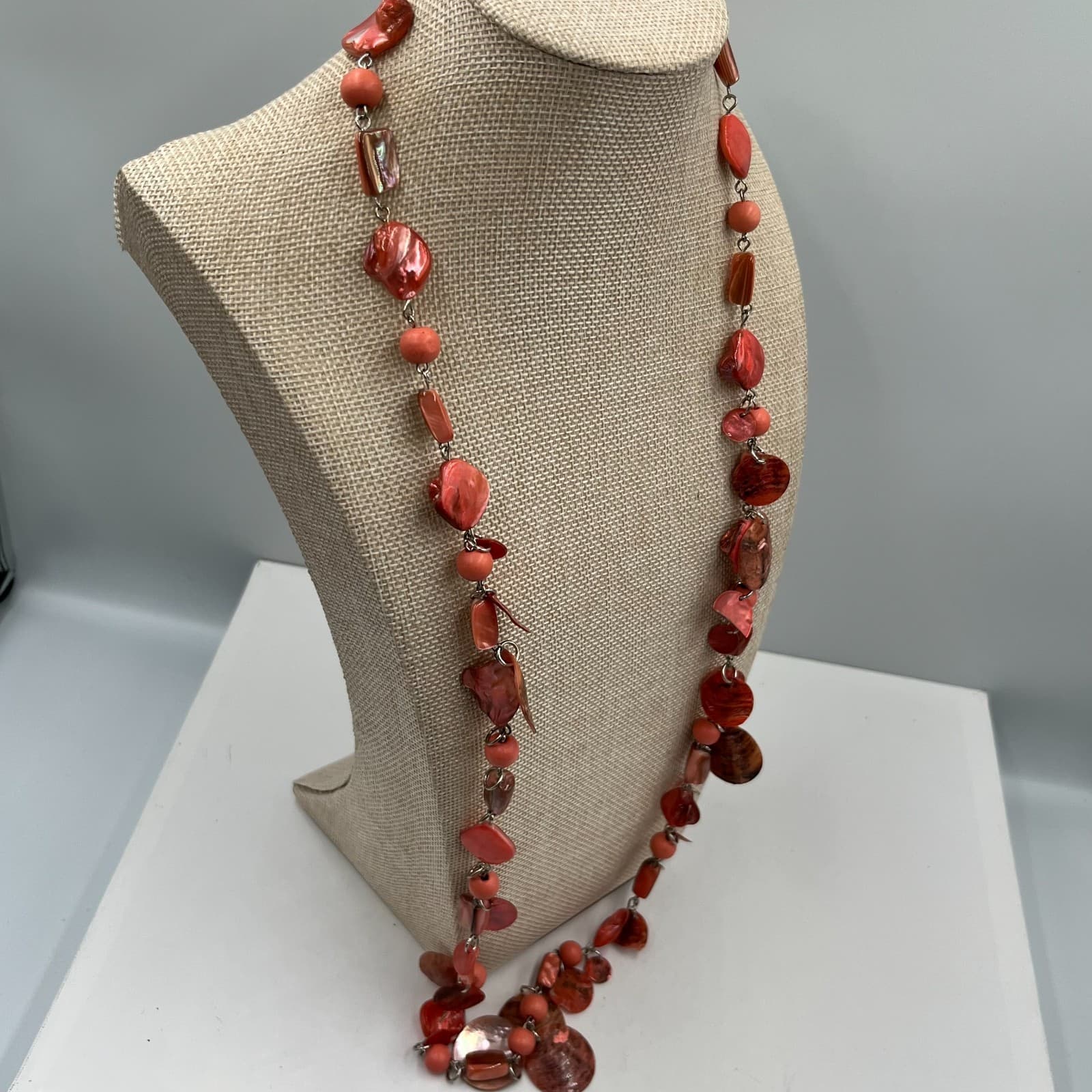 Vtg Red Shell Bead Necklace Long Strand Boho Coastal Beachy Statement Jewelry - Thumbnail 5