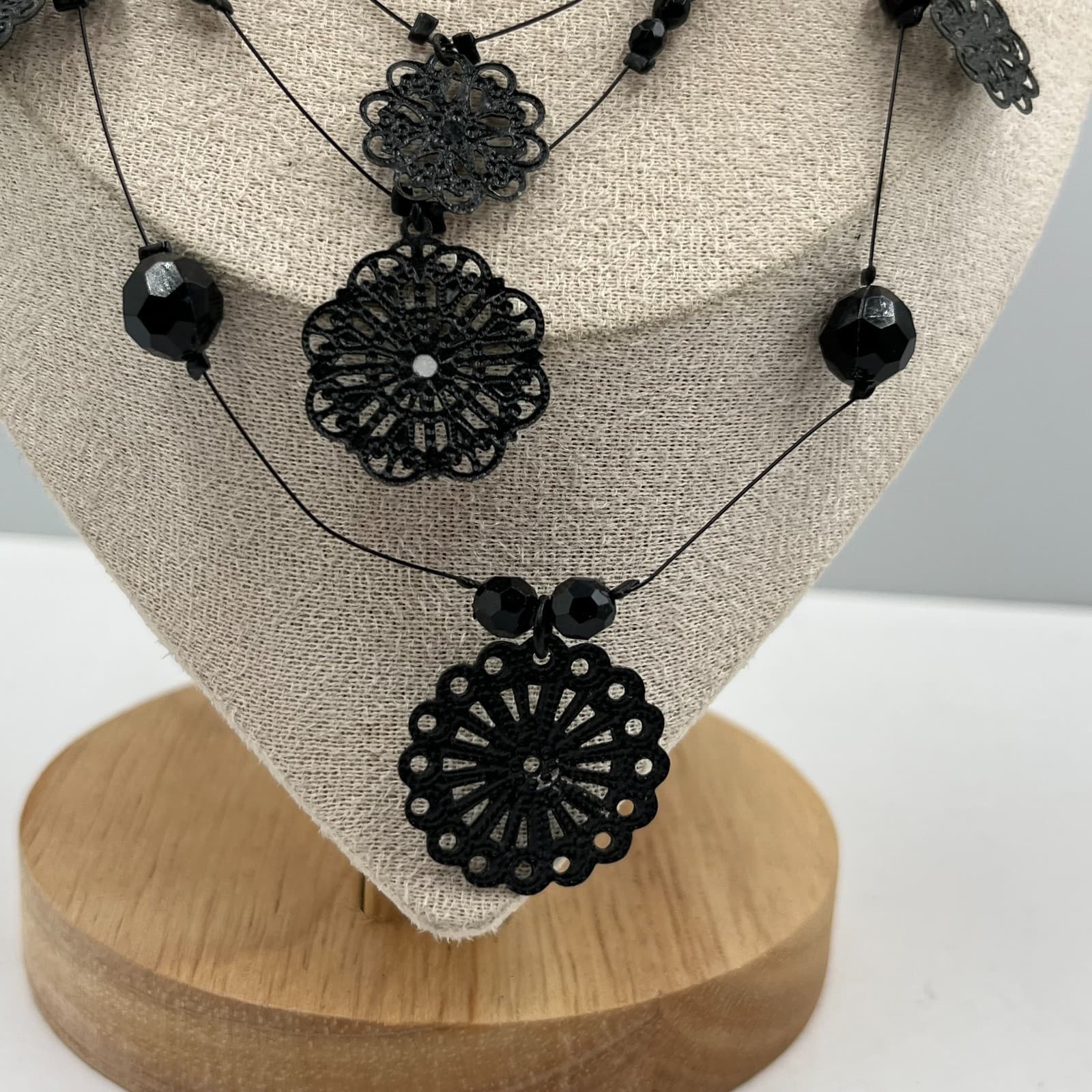 Vintage Black Triple Strand Beaded Necklace Silver Tone Floral Filigree Statemen - Thumbnail 3