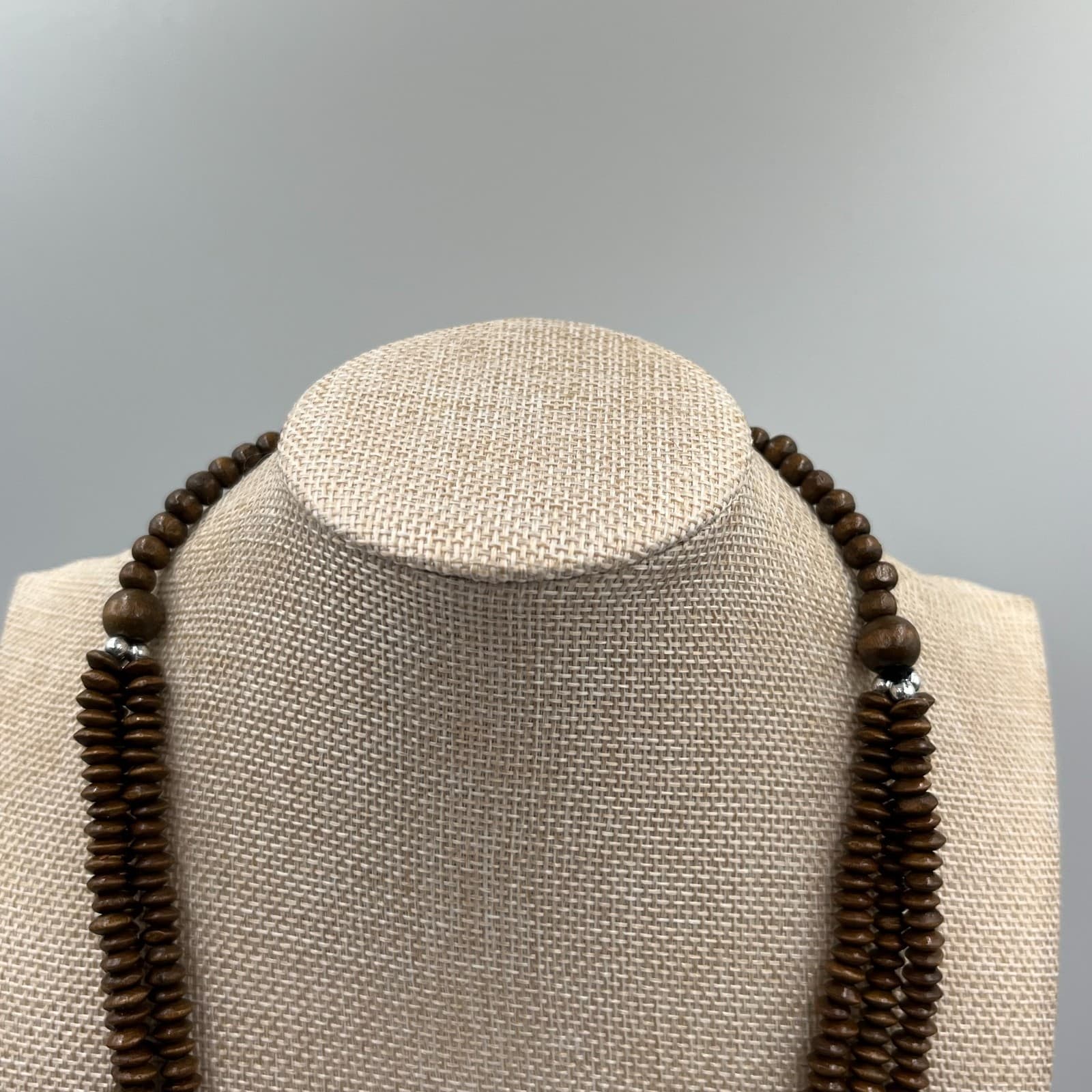 Vintage Wood Bead Necklace Multi Strand Boho Statement Resin Ring Pendant Brown - Thumbnail 2