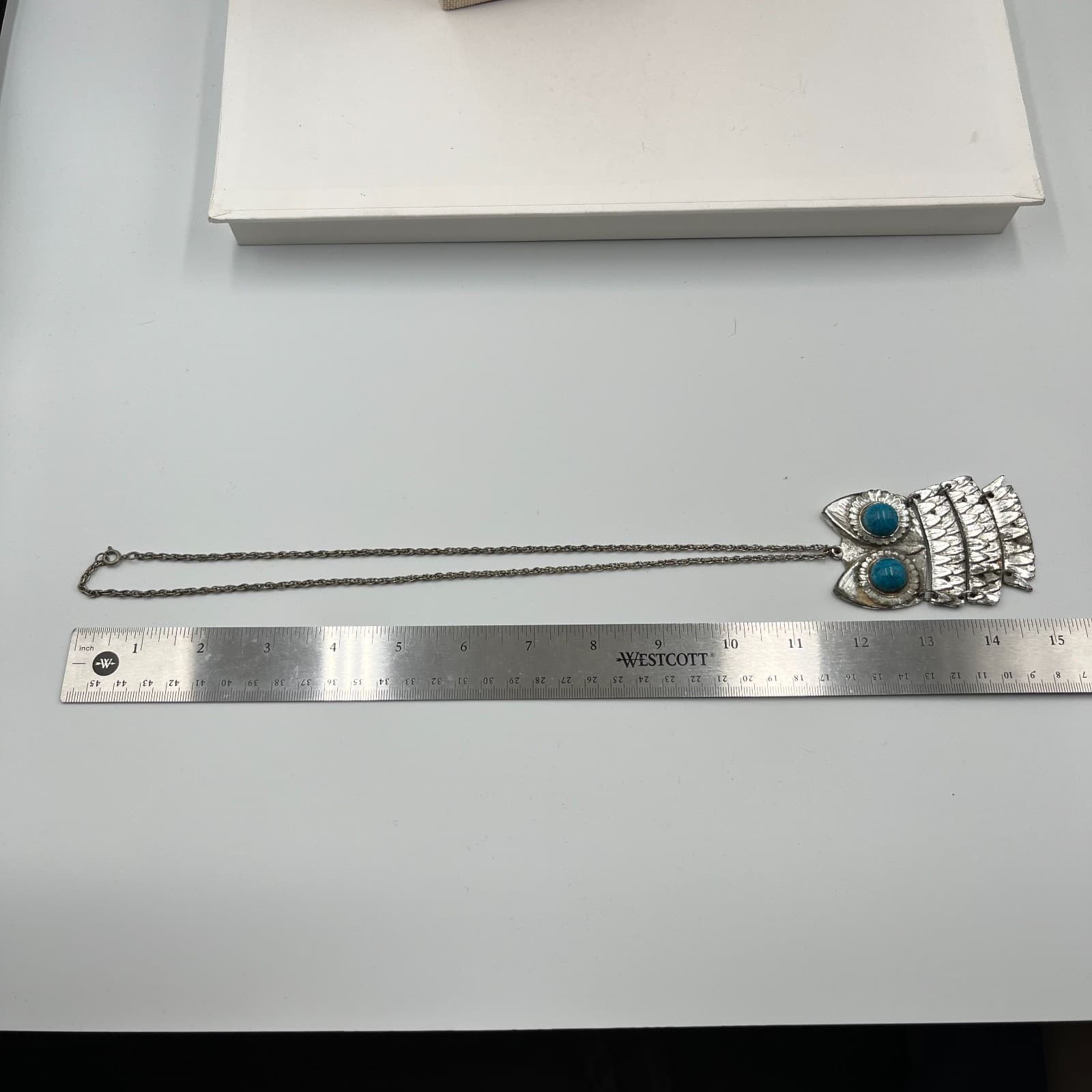 Vintage Articulated Owl Necklace 1970s Silver Tone Faux Turquoise Eyes Boho MCM - Thumbnail 7