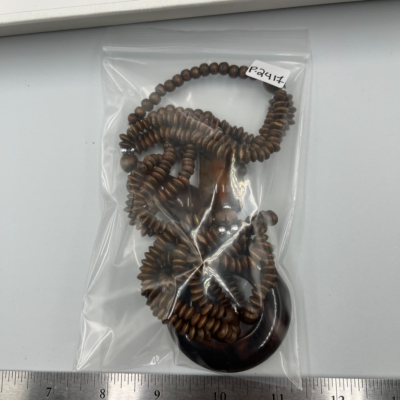 Vintage Wood Bead Necklace Multi Strand Boho Statement Resin Ring Pendant Brown - Thumbnail 9