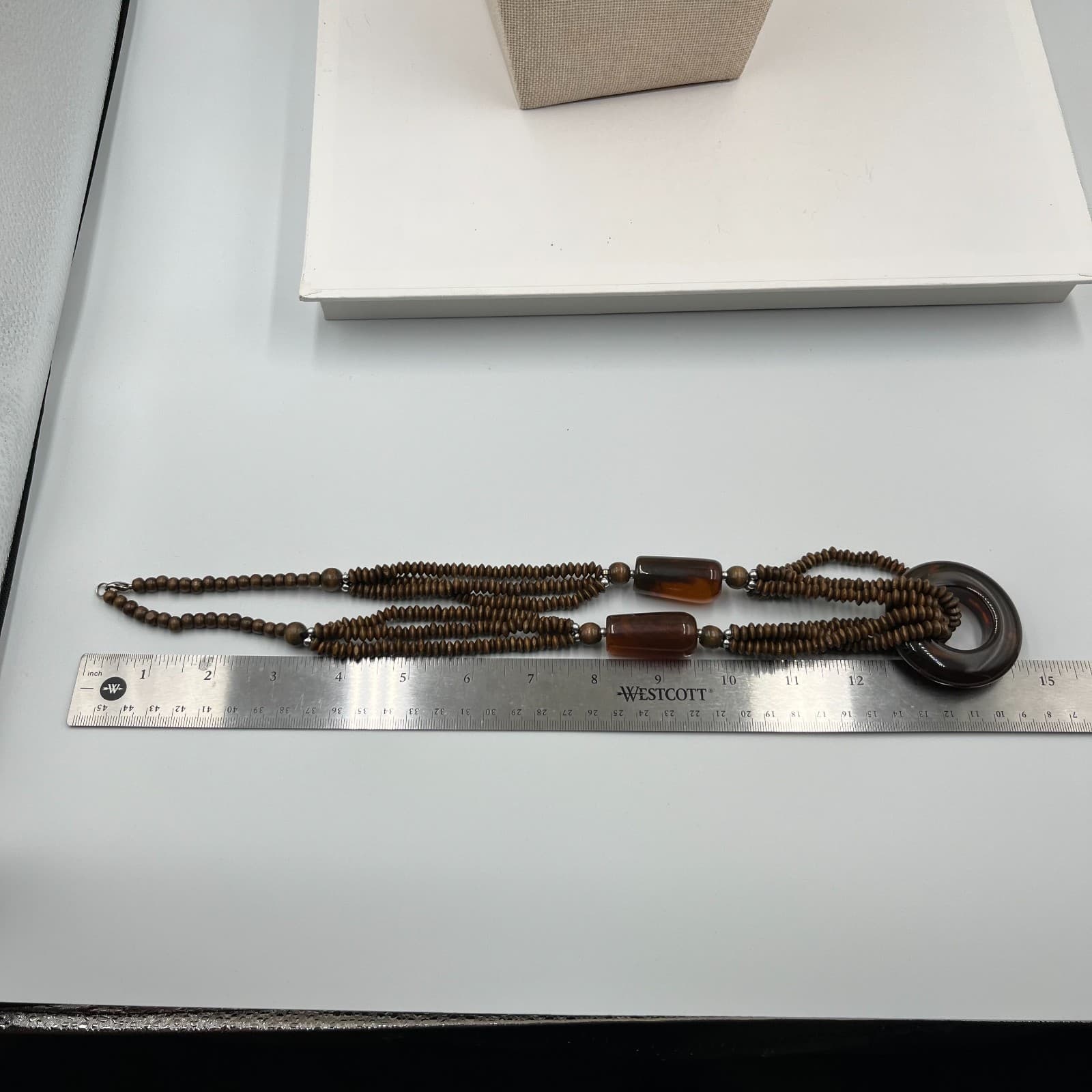 Vintage Wood Bead Necklace Multi Strand Boho Statement Resin Ring Pendant Brown - Thumbnail 8