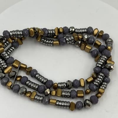 Vintage Multi Strand Beaded Bracelet Gray Faceted Beads Gold Silver Tone Wrap - Thumbnail 4