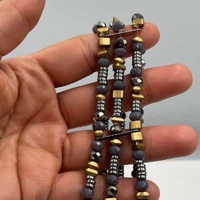 Vintage Multi Strand Beaded Bracelet Gray Faceted Beads Gold Silver Tone Wrap - Thumbnail 7