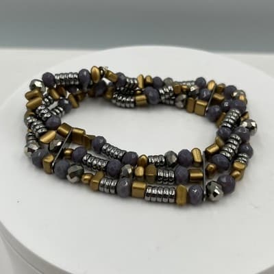 Vintage Multi Strand Beaded Bracelet Gray Faceted Beads Gold Silver Tone Wrap - Thumbnail 2