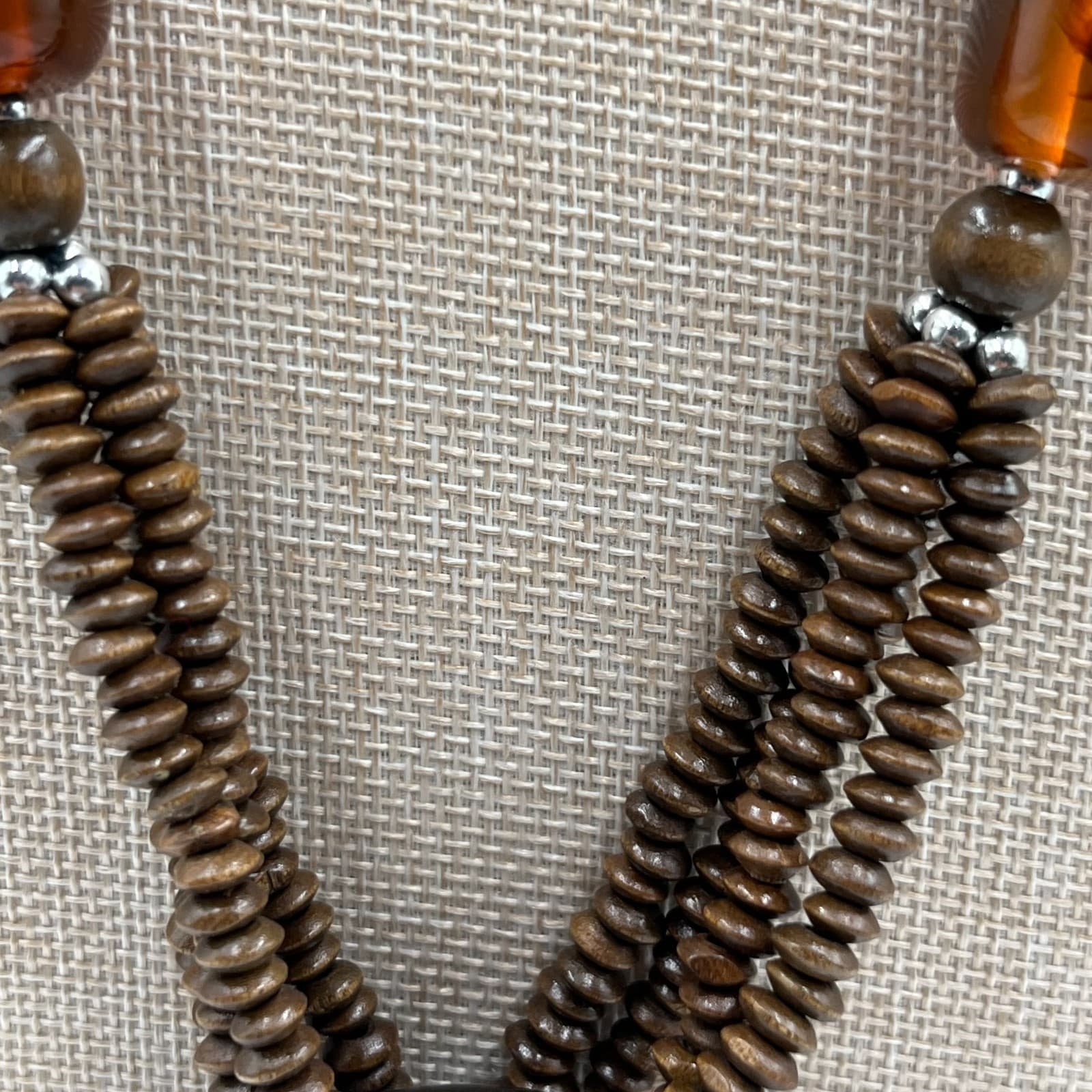 Vintage Wood Bead Necklace Multi Strand Boho Statement Resin Ring Pendant Brown - Thumbnail 4