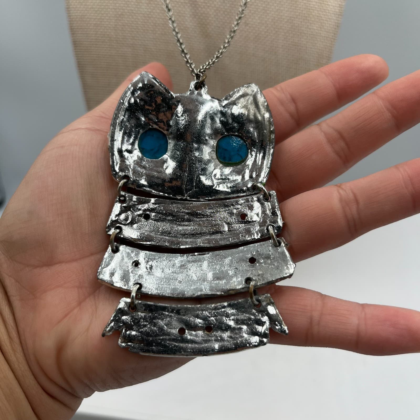 Vintage Articulated Owl Necklace 1970s Silver Tone Faux Turquoise Eyes Boho MCM - Thumbnail 4