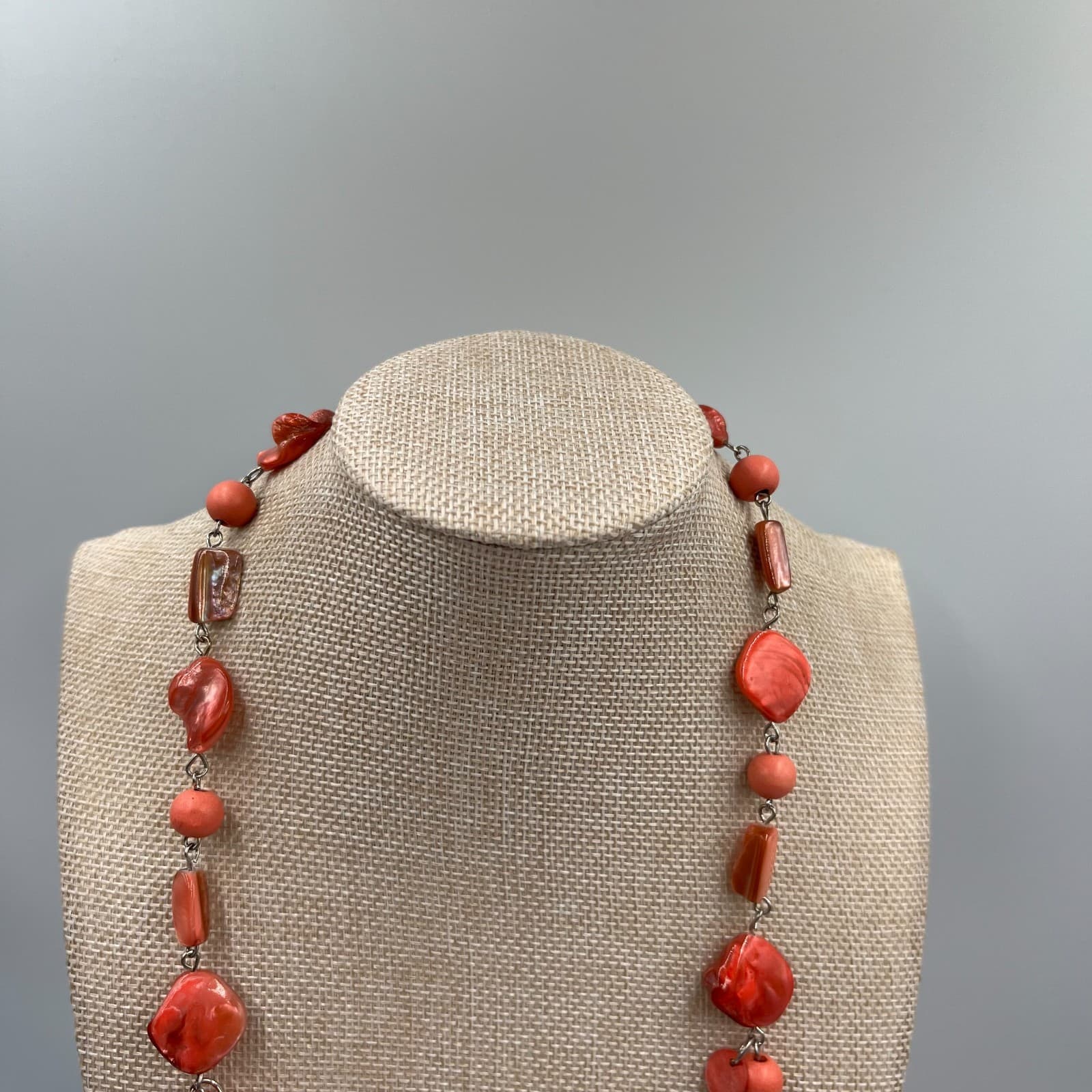 Vtg Red Shell Bead Necklace Long Strand Boho Coastal Beachy Statement Jewelry - Thumbnail 2