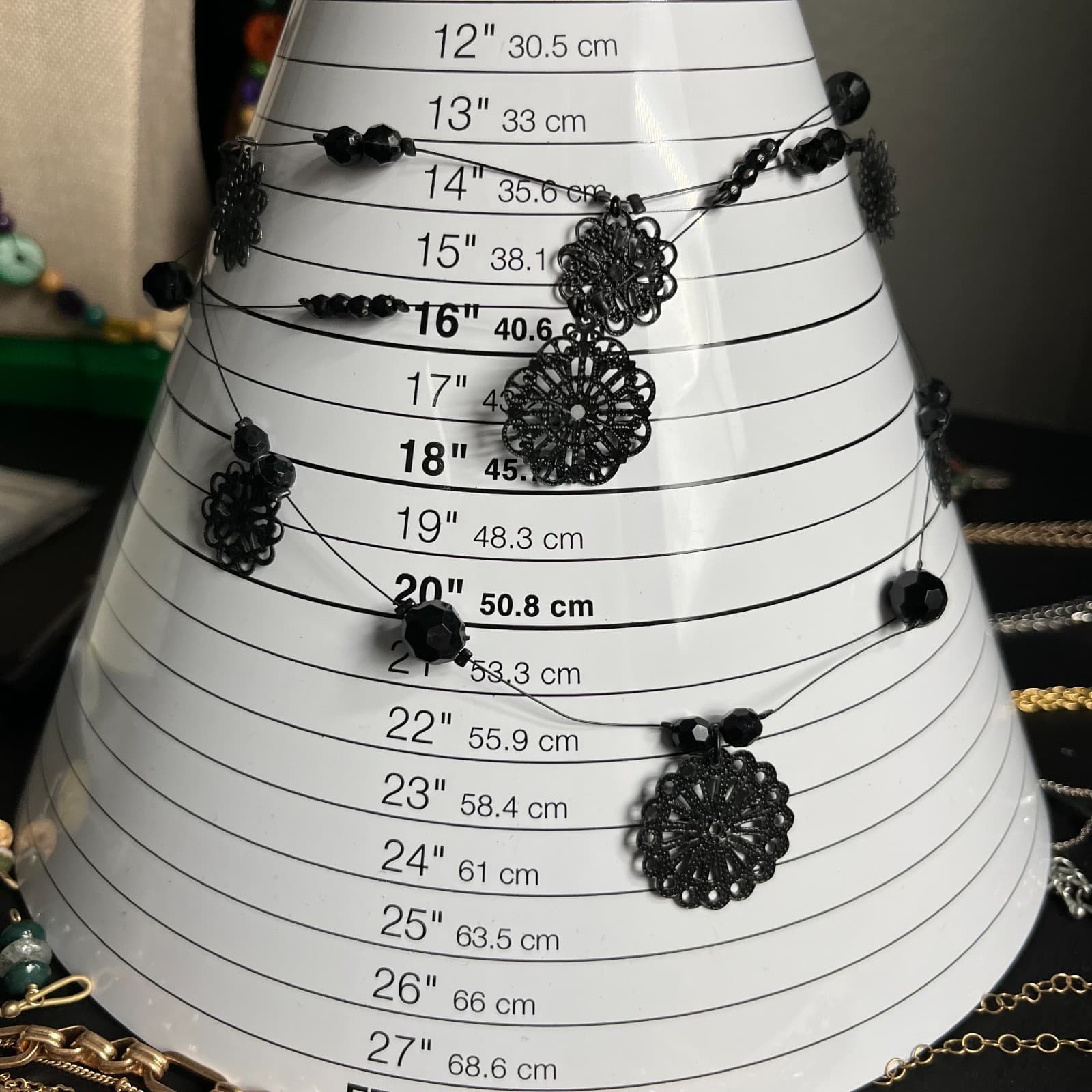 Vintage Black Triple Strand Beaded Necklace Silver Tone Floral Filigree Statemen - Thumbnail 7