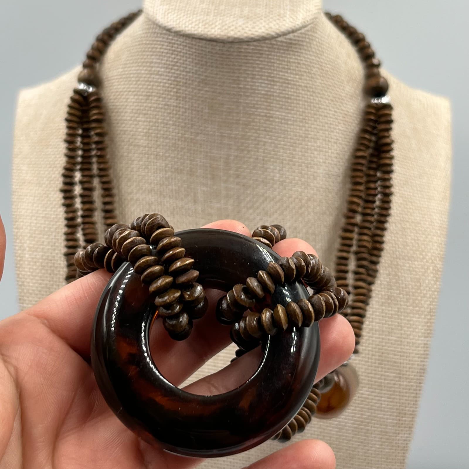 Vintage Wood Bead Necklace Multi Strand Boho Statement Resin Ring Pendant Brown - Thumbnail 5
