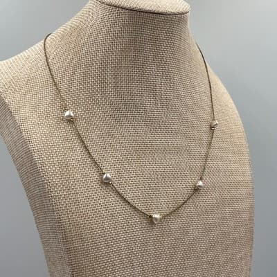 Gold Tone Chain Necklace w/ Heart Pearl Stations Dainty Minimalist Adjustable - Thumbnail 4