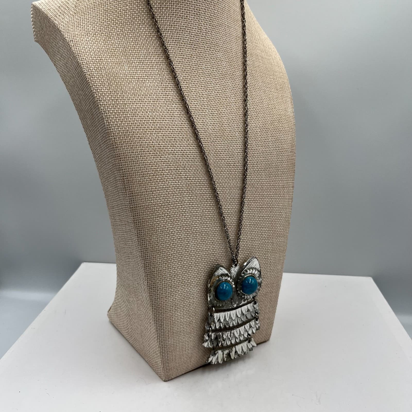 Vintage Articulated Owl Necklace 1970s Silver Tone Faux Turquoise Eyes Boho MCM - Thumbnail 6
