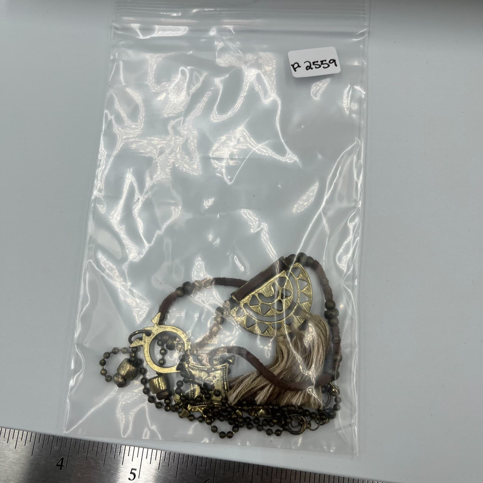 Vintage Brass Boho Tassel Necklace Tribal Geometric Pendant Long Ball Chain 70s - Thumbnail 8