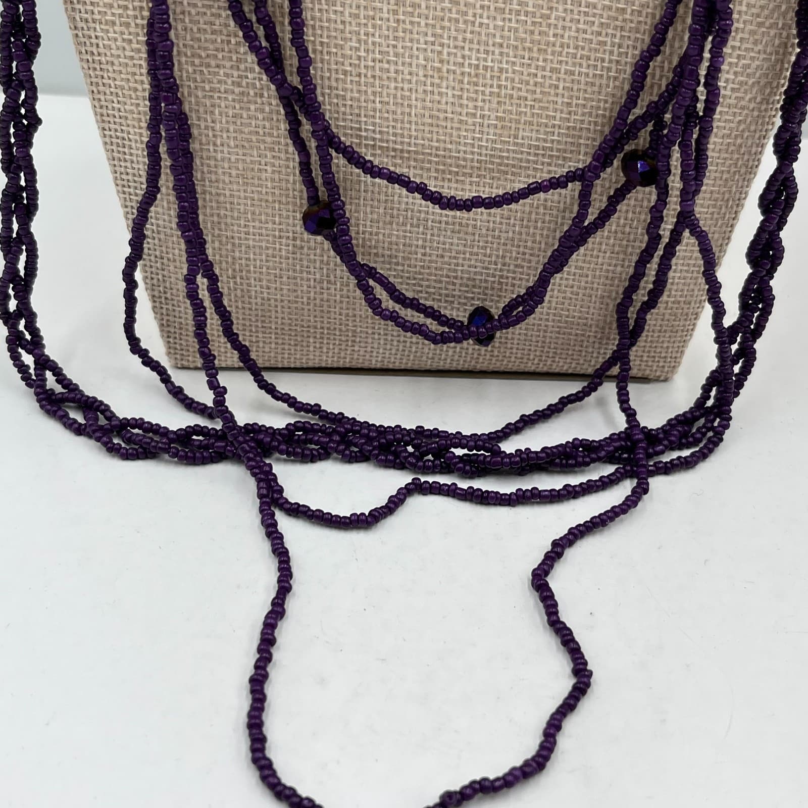 Vtg Purple Multi Strand Seed Bead Necklace Faceted Glass Accents Boho Statement - Thumbnail 3