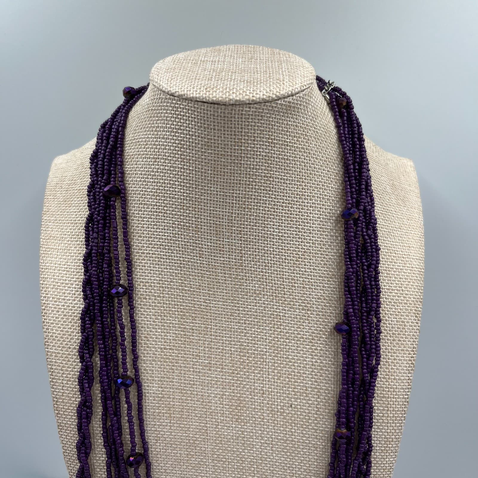 Vtg Purple Multi Strand Seed Bead Necklace Faceted Glass Accents Boho Statement - Thumbnail 2