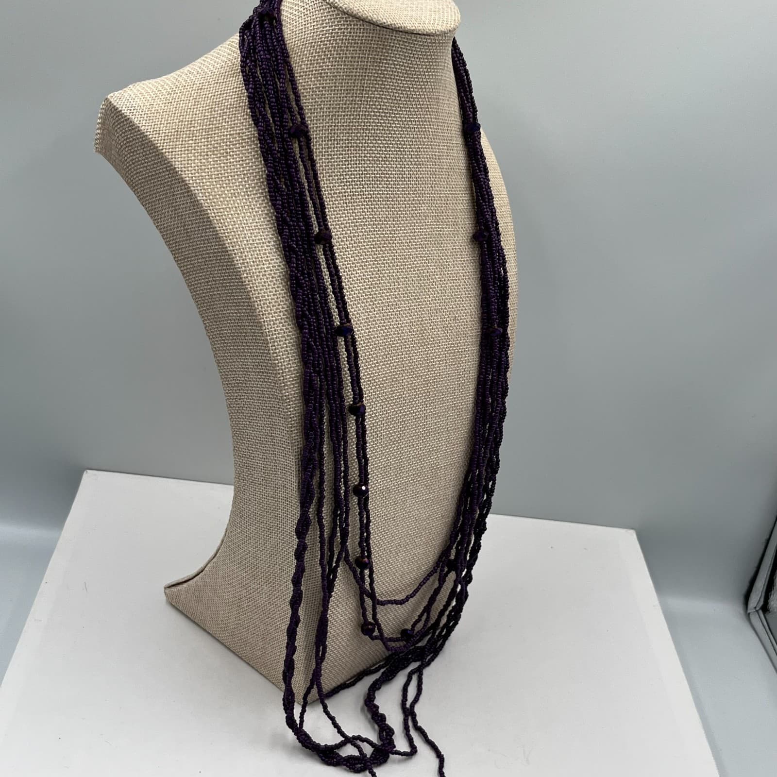Vtg Purple Multi Strand Seed Bead Necklace Faceted Glass Accents Boho Statement - Thumbnail 4