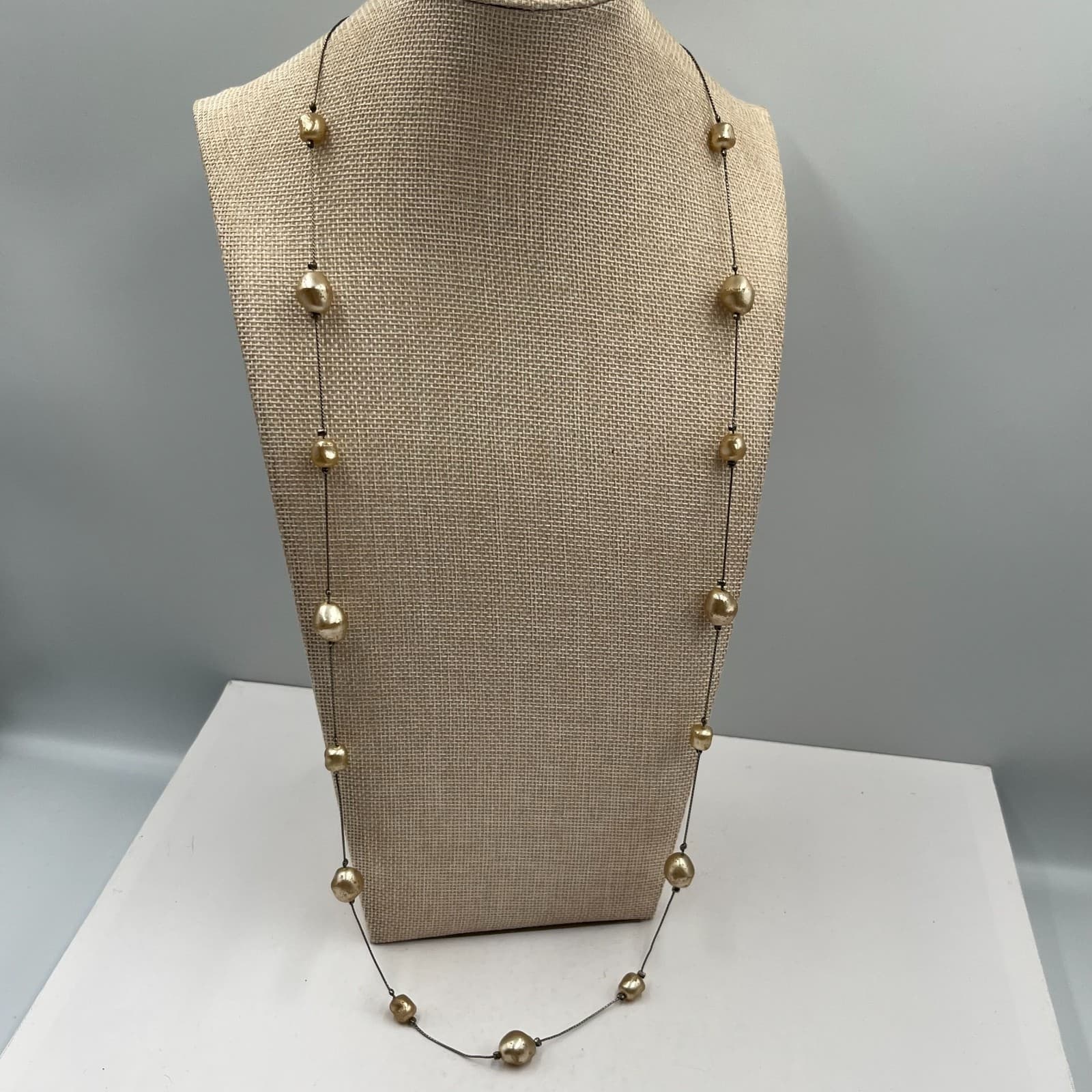 Vintage Baroque Pearl Tin Cup Necklace Gold Tone Station Floating Layering 18" - Image 1