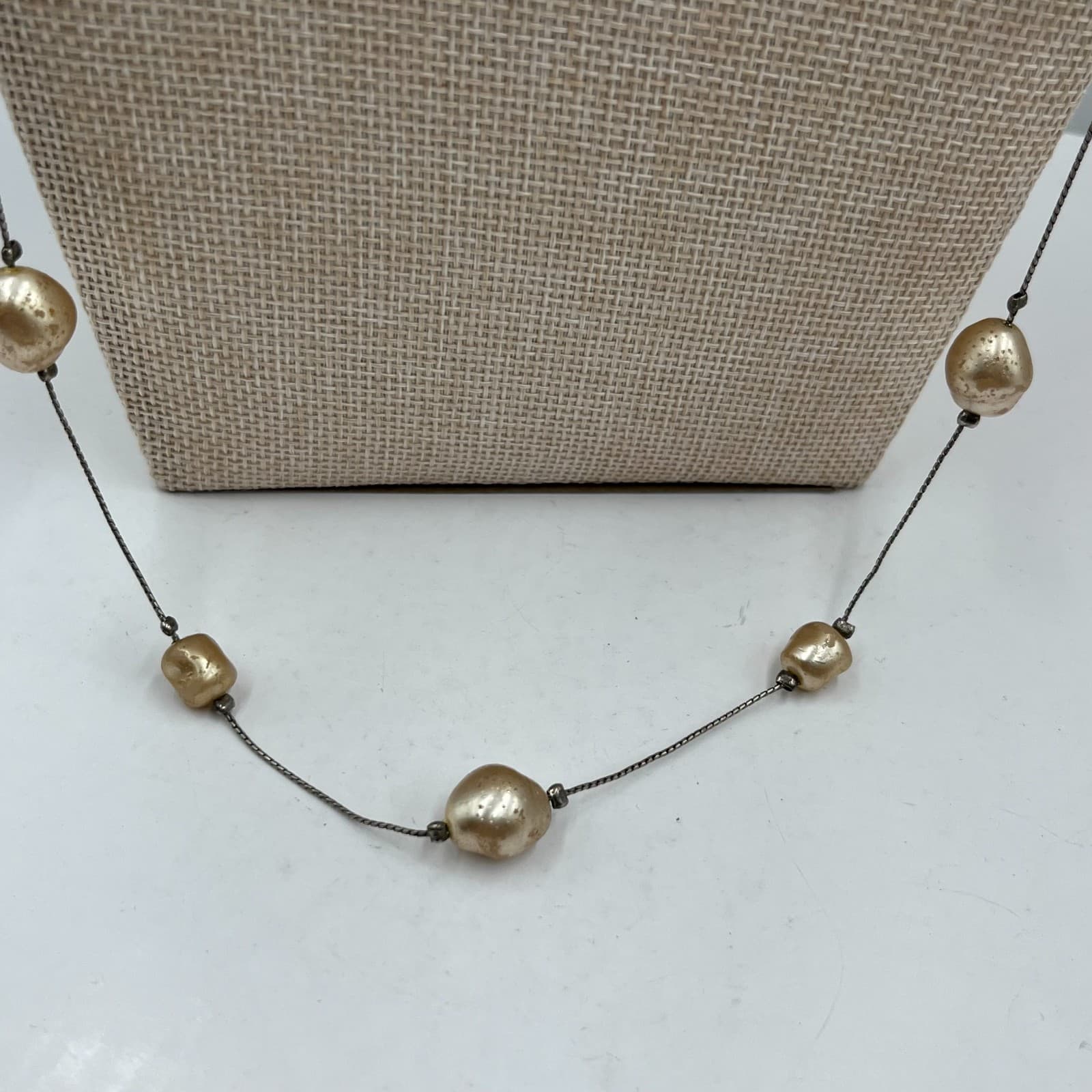 Vintage Baroque Pearl Tin Cup Necklace Gold Tone Station Floating Layering 18" - Thumbnail 3