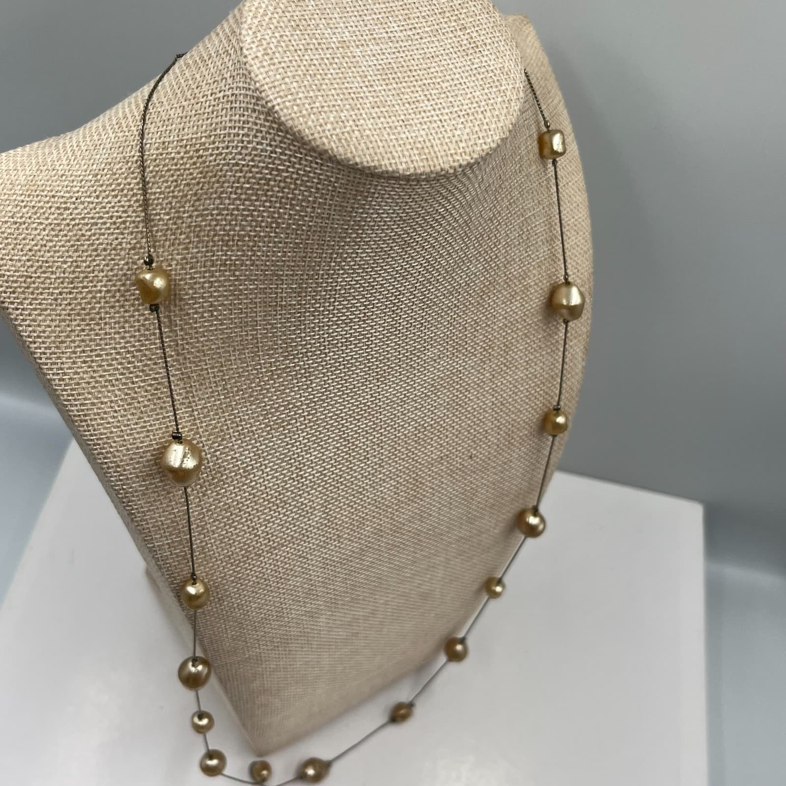 Vintage Baroque Pearl Tin Cup Necklace Gold Tone Station Floating Layering 18" - Thumbnail 5