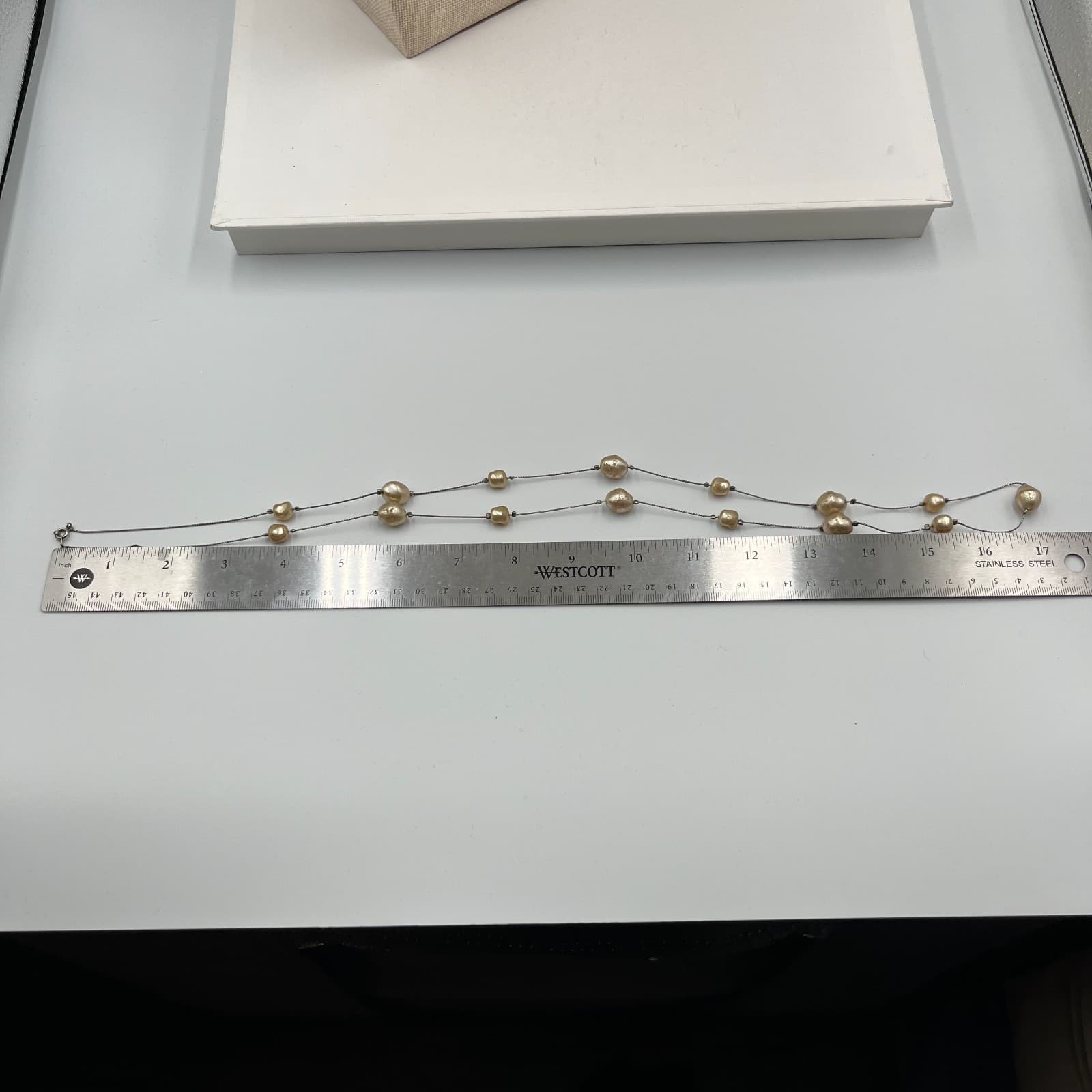 Vintage Baroque Pearl Tin Cup Necklace Gold Tone Station Floating Layering 18" - Thumbnail 7