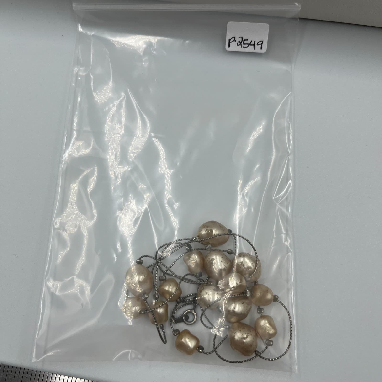 Vintage Baroque Pearl Tin Cup Necklace Gold Tone Station Floating Layering 18" - Thumbnail 8