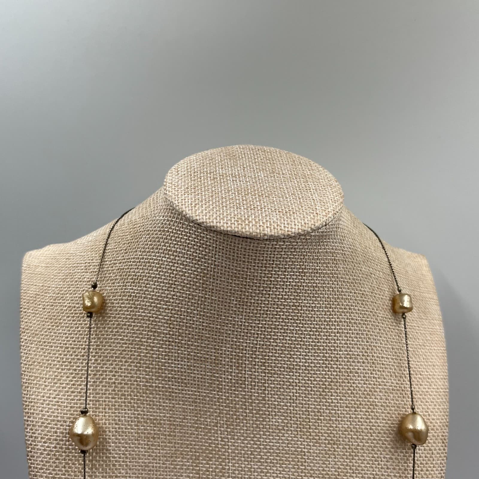 Vintage Baroque Pearl Tin Cup Necklace Gold Tone Station Floating Layering 18" - Thumbnail 2