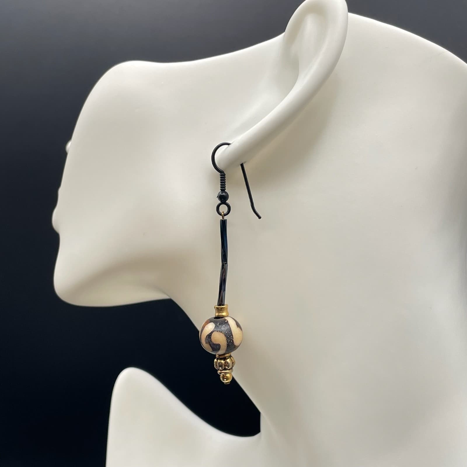Bohemian Gold-Tone Surgical Steel Glass Ball Beaded Batik Bone Dangle Earrings - Thumbnail 7