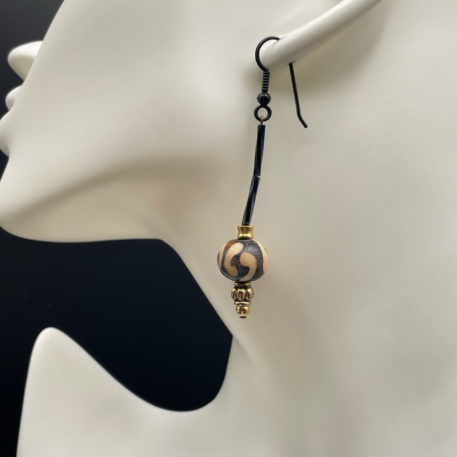 Bohemian Gold-Tone Surgical Steel Glass Ball Beaded Batik Bone Dangle Earrings - Thumbnail 8