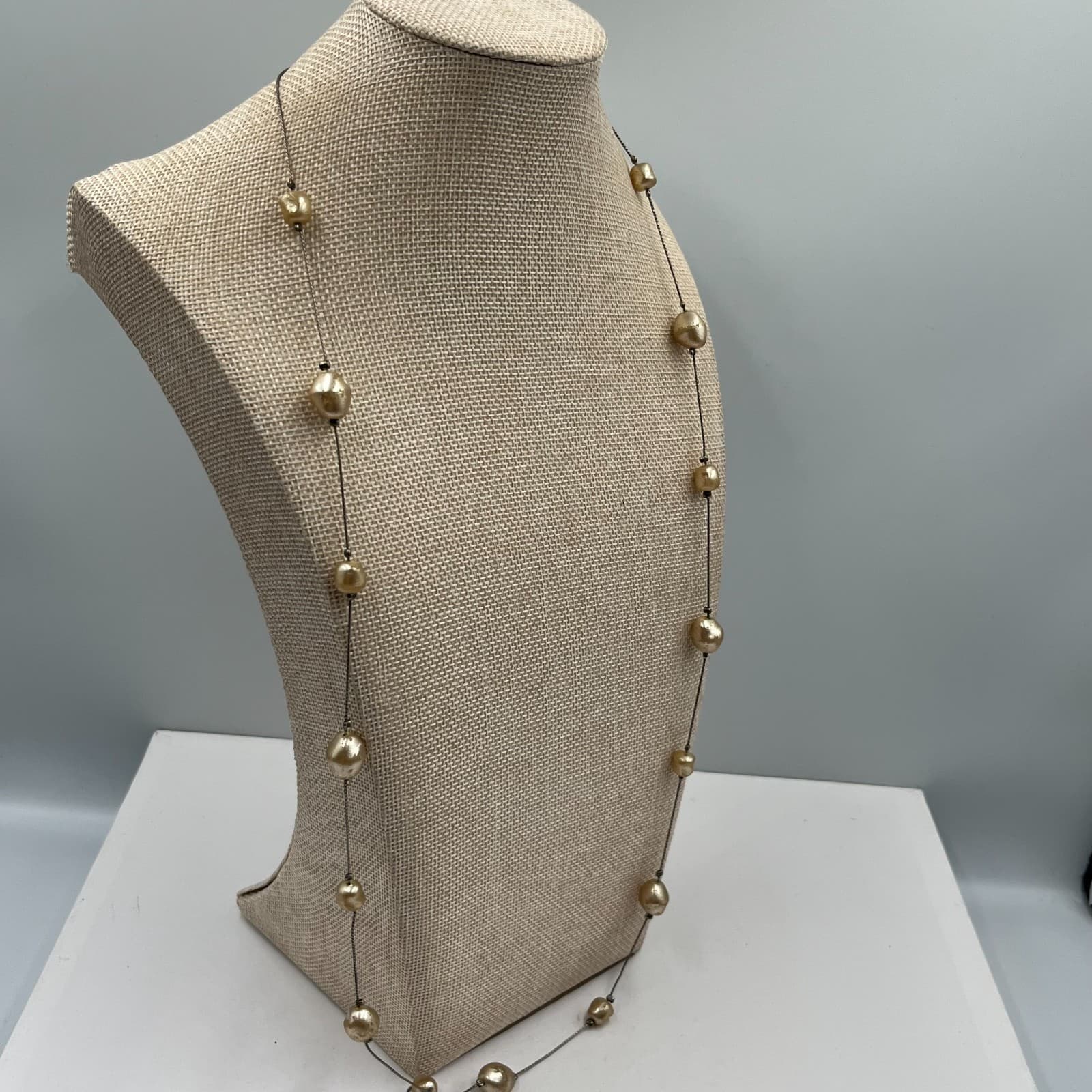 Vintage Baroque Pearl Tin Cup Necklace Gold Tone Station Floating Layering 18" - Thumbnail 4