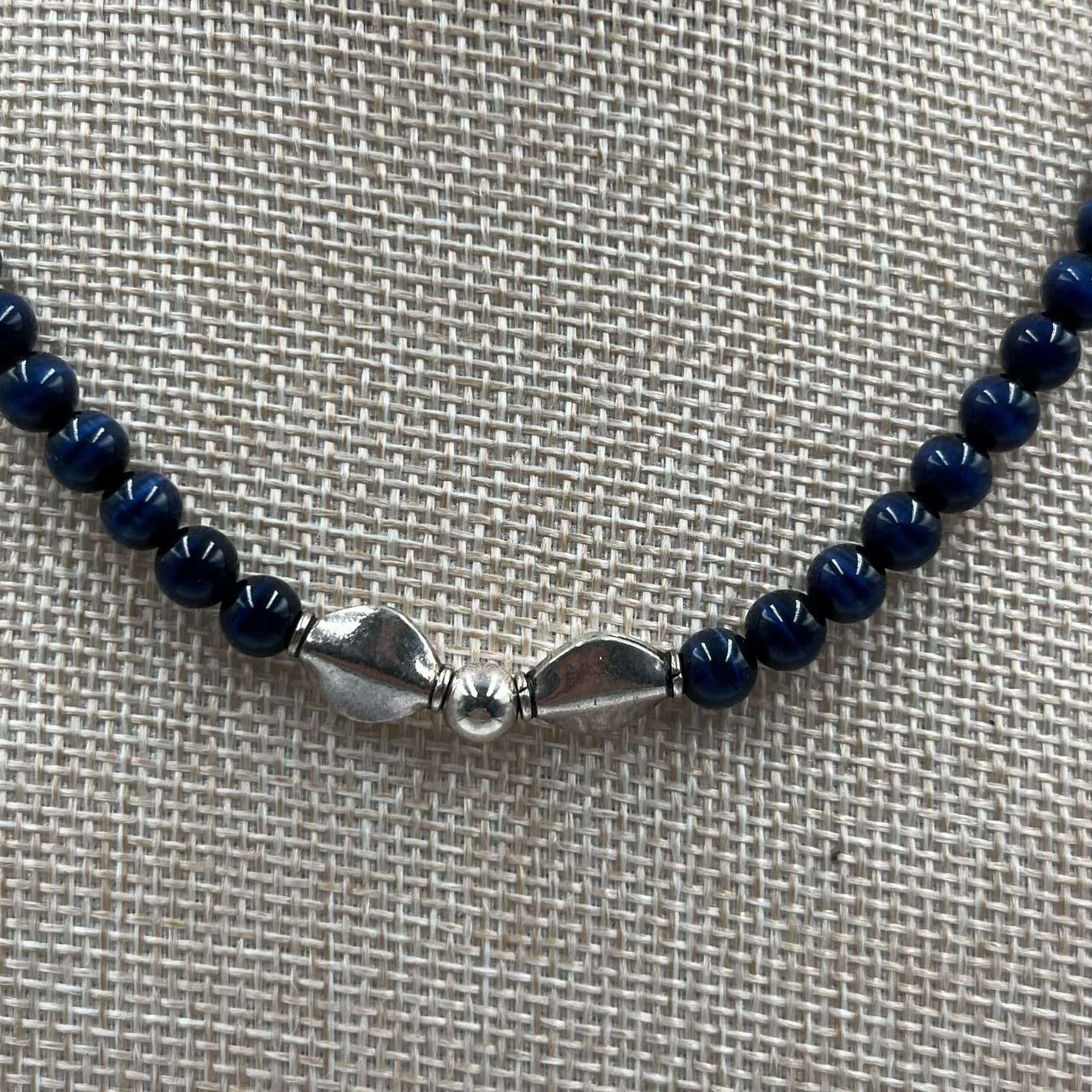 Vintage Blue Tiger’s Eye Beaded Necklace Hawk’s Eye Chatoyant Gemstone Silver - Thumbnail 3