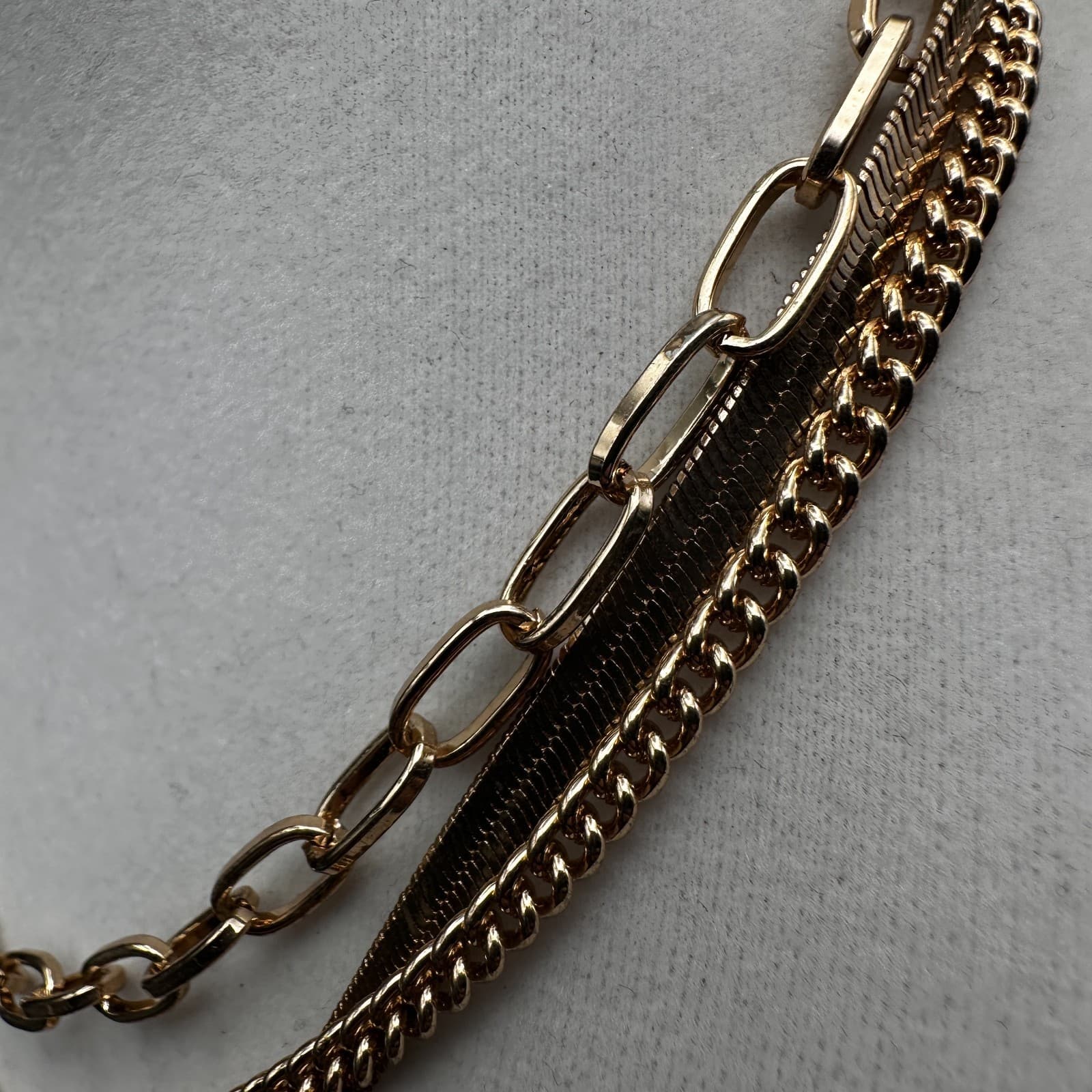 Vintage 90s Gold Tone Multi-Strand Layered Chain Necklace Herringbone Style - Thumbnail 7