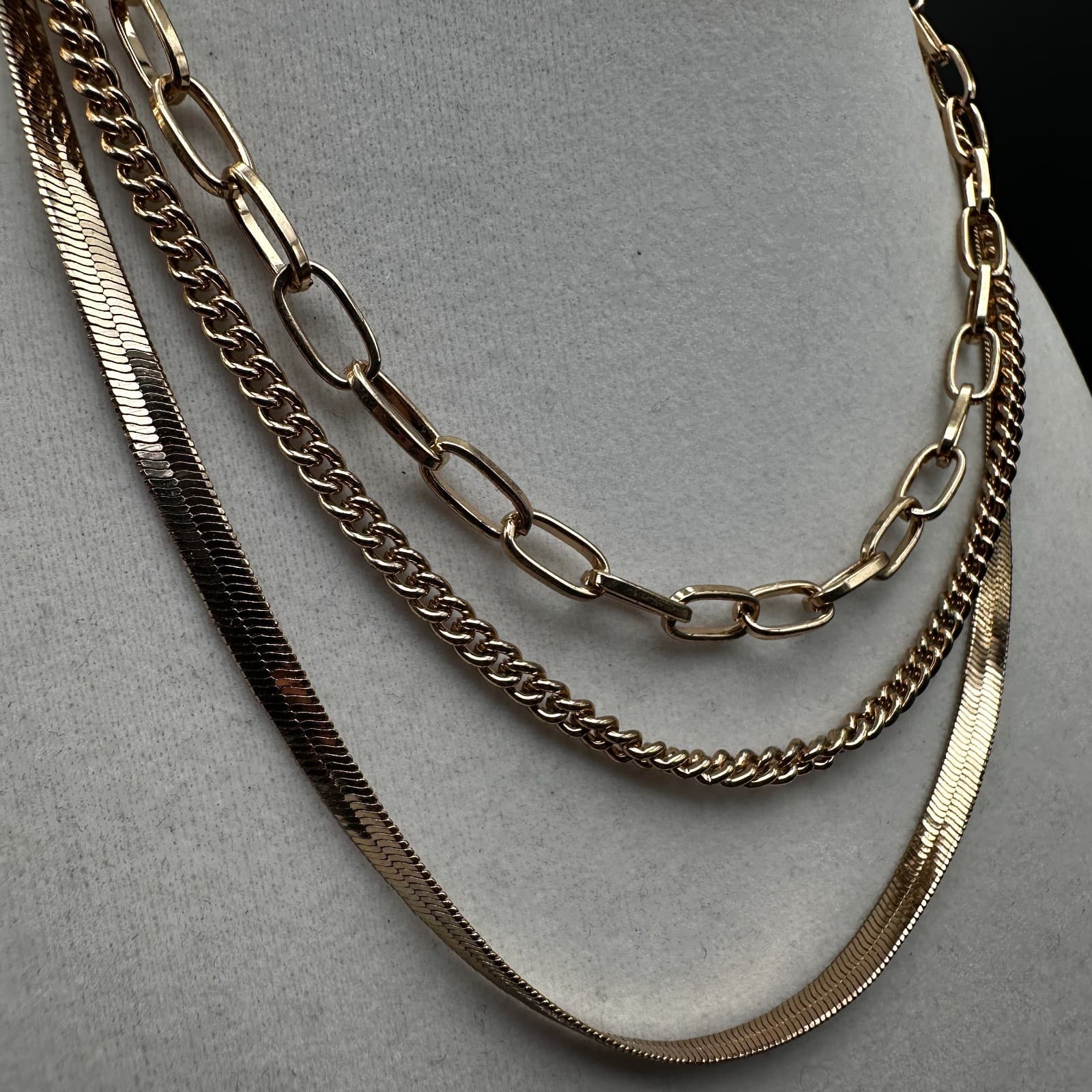 Vintage 90s Gold Tone Multi-Strand Layered Chain Necklace Herringbone Style - Thumbnail 3