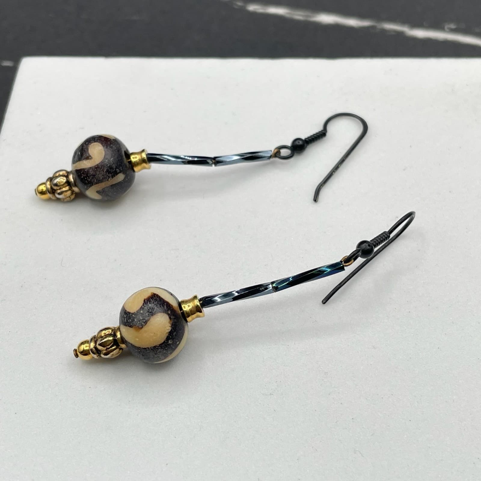 Bohemian Gold-Tone Surgical Steel Glass Ball Beaded Batik Bone Dangle Earrings - Thumbnail 4