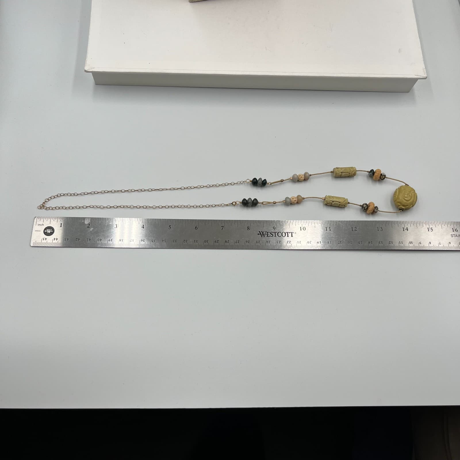 Vintage Egyptian Revival Scarab Necklace Multi-Stone Carved Glass Gold Tone 18" - Thumbnail 7