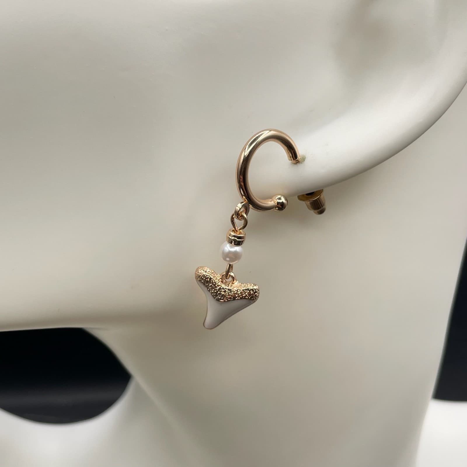 Vintage Gold-Tone Mother Of Pearl C-Hoop Shark Tooth Charm Dangle Drop Earrings - Image 1