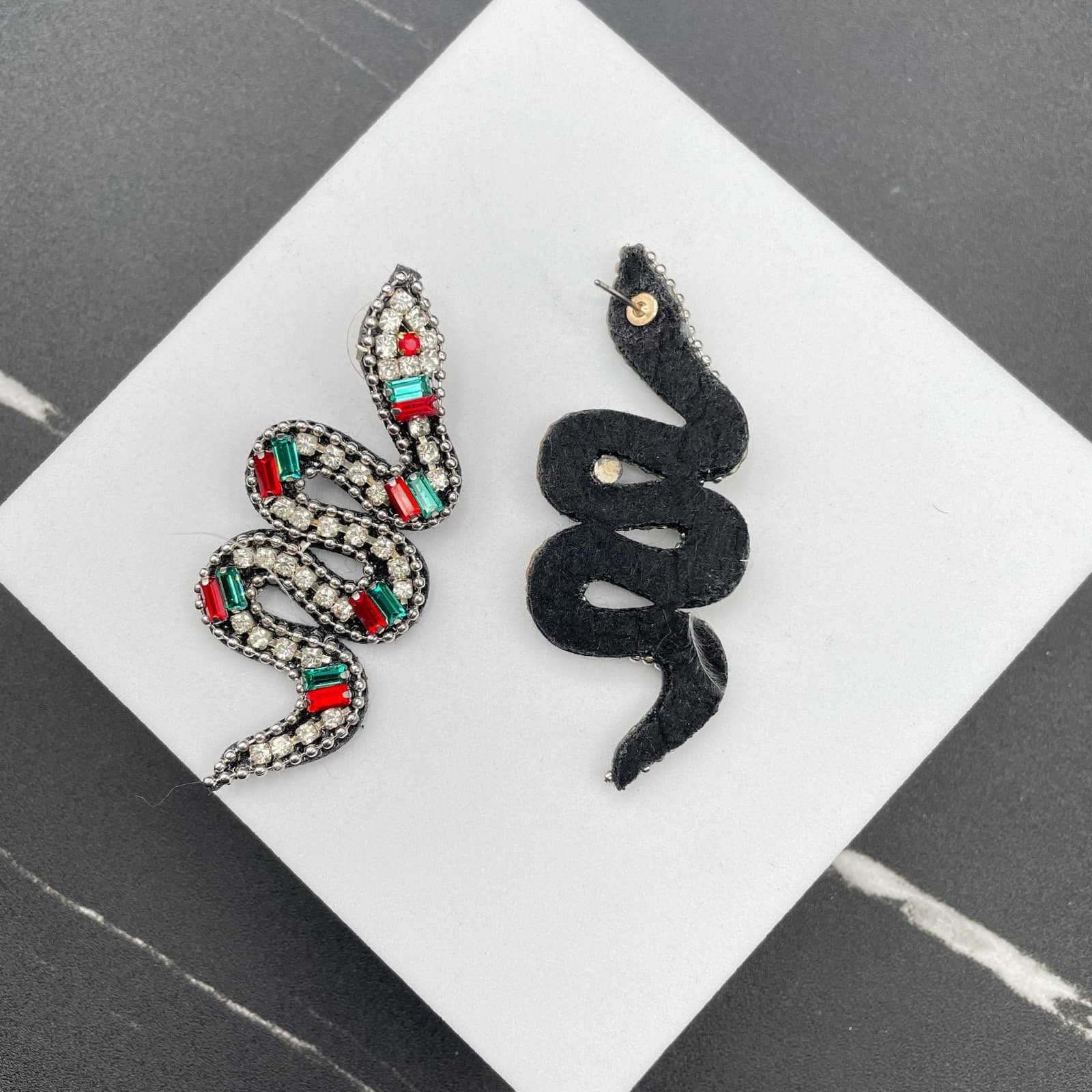 Multicolor Beaded Prong Rhinestone Felt Back Serpent Snake Push Back Earrings - Thumbnail 3