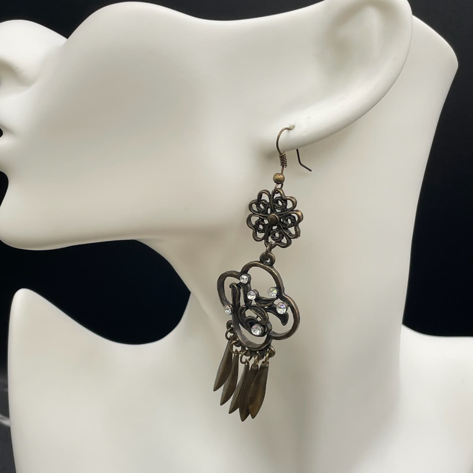 Vintage Bronze-Tone Rhinestone Floral Quatrefoil Swords Tassel Dangle Earrings - Image 1