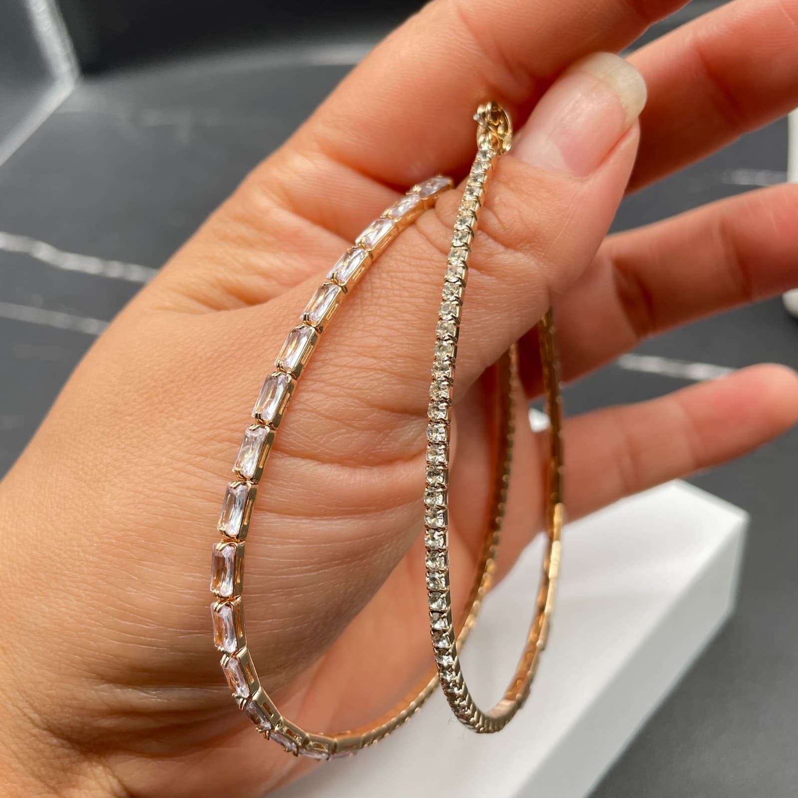 Embellished Gold-Tone Cubic Zirconia Baguette-Cut Prong Hoop Latch Back Earrings - Thumbnail 6