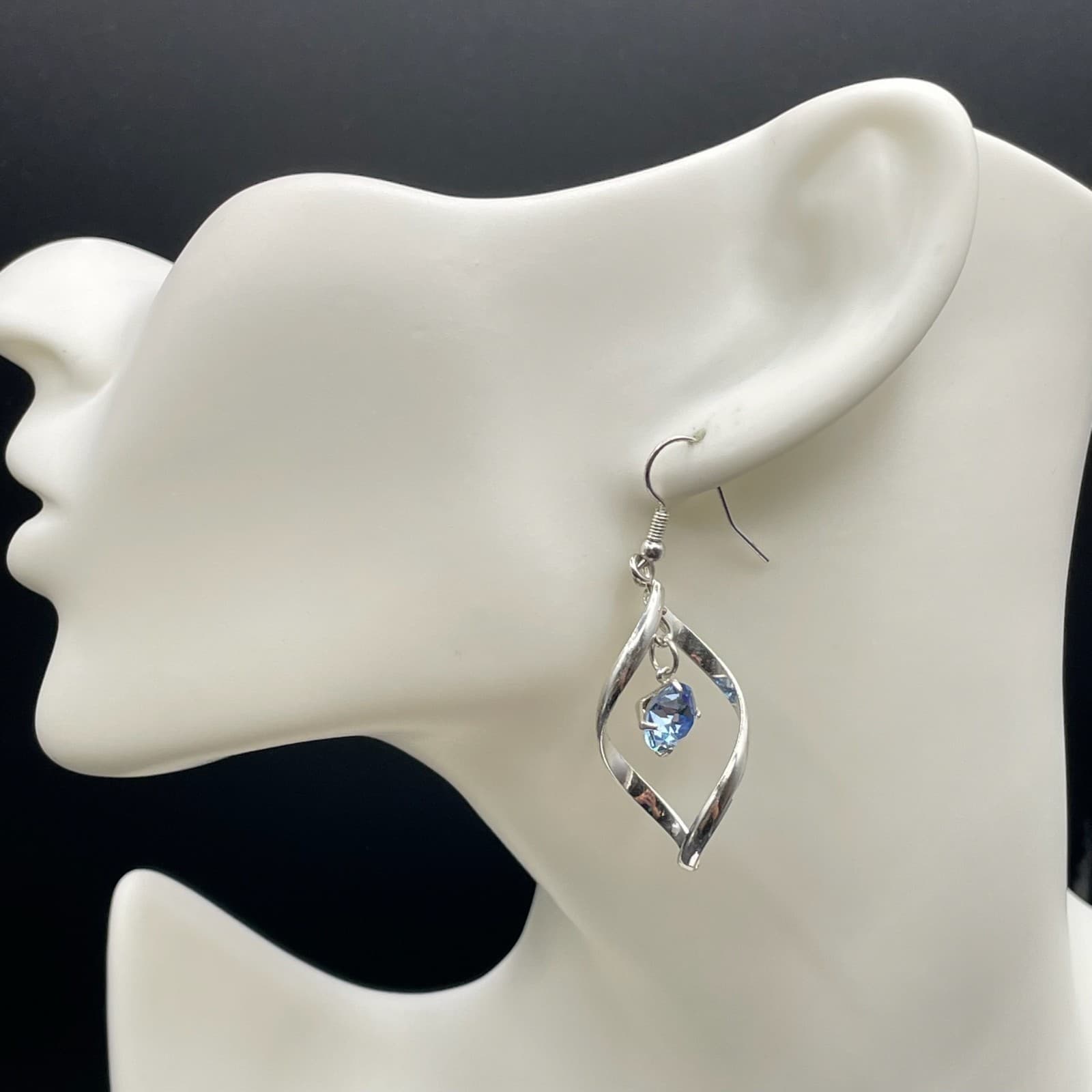 Silver-Tone Classic Faceted Glass Bead Twisted Loop Drop French Hook Earrings - Thumbnail 5