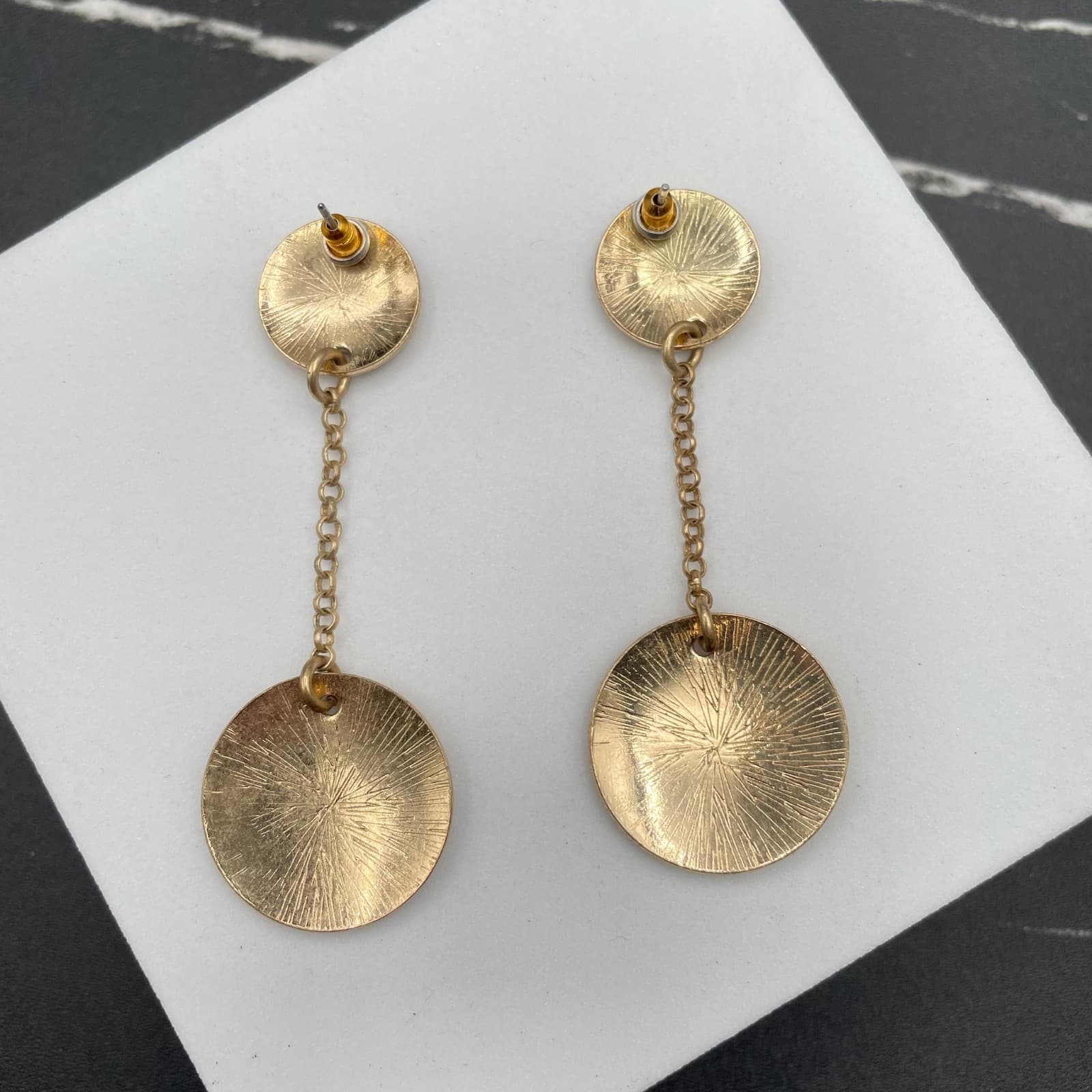 Contemporary Gold-Tone Classic Round Link Chain Double Disc Drop Dangle Earrings - Thumbnail 3