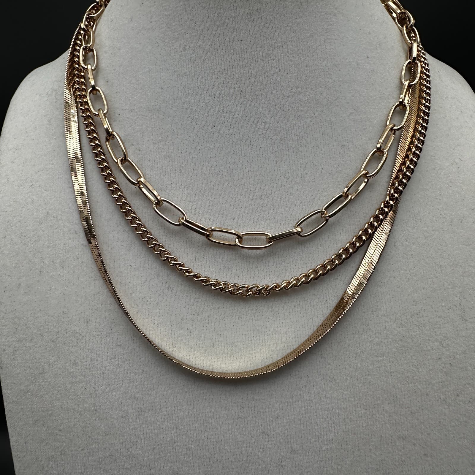 Vintage 90s Gold Tone Multi-Strand Layered Chain Necklace Herringbone Style - Thumbnail 2