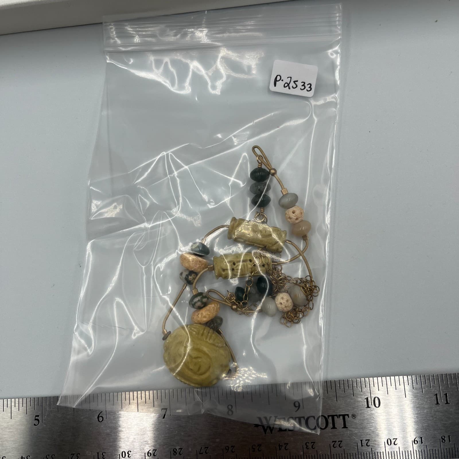 Vintage Egyptian Revival Scarab Necklace Multi-Stone Carved Glass Gold Tone 18" - Thumbnail 8