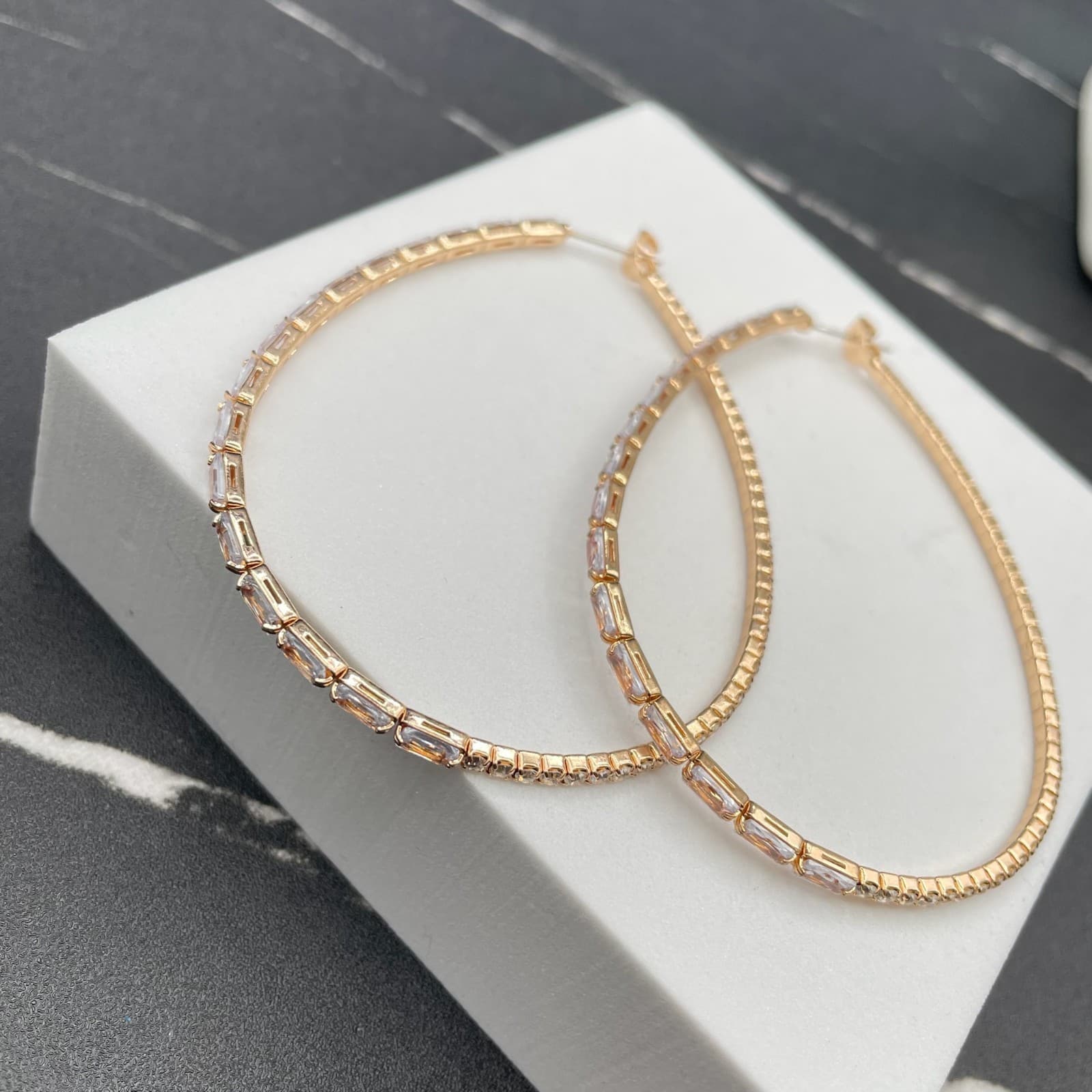 Embellished Gold-Tone Cubic Zirconia Baguette-Cut Prong Hoop Latch Back Earrings - Thumbnail 2